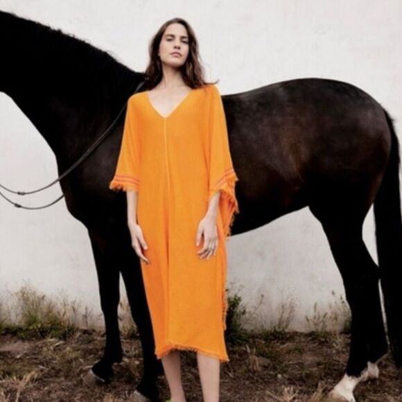 Zara Kaftan XS Orange Linen Blend Knit Oversized Lagenlook Cover Up Boho Poncho - Picture 11 of 11